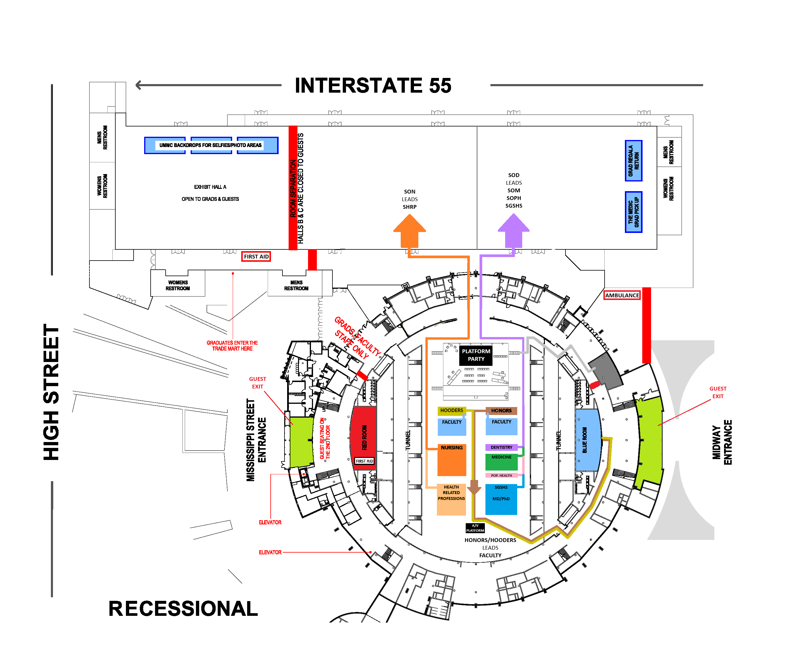 A map of the Mississippi Coliseum and Mississippi Trade Mart. Read the image long description for details.